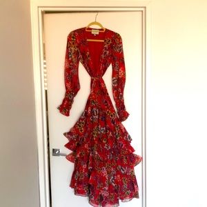 Festive red wrap dress with sheer sleeves!